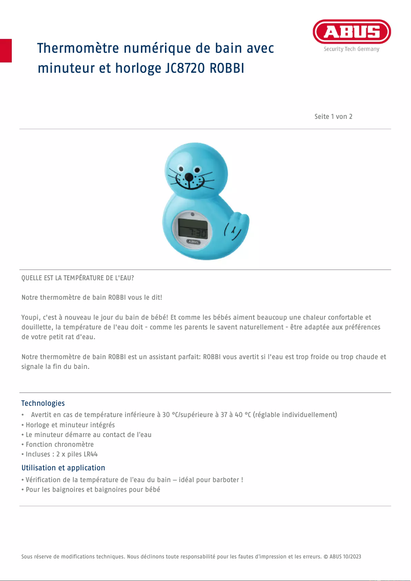 Page 1 de la notice Fiche technique Abus Robbi JC8720