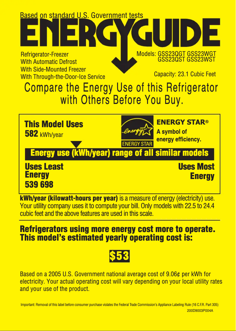 Page n°1 - Label énergétique GE GSS23QSTSS