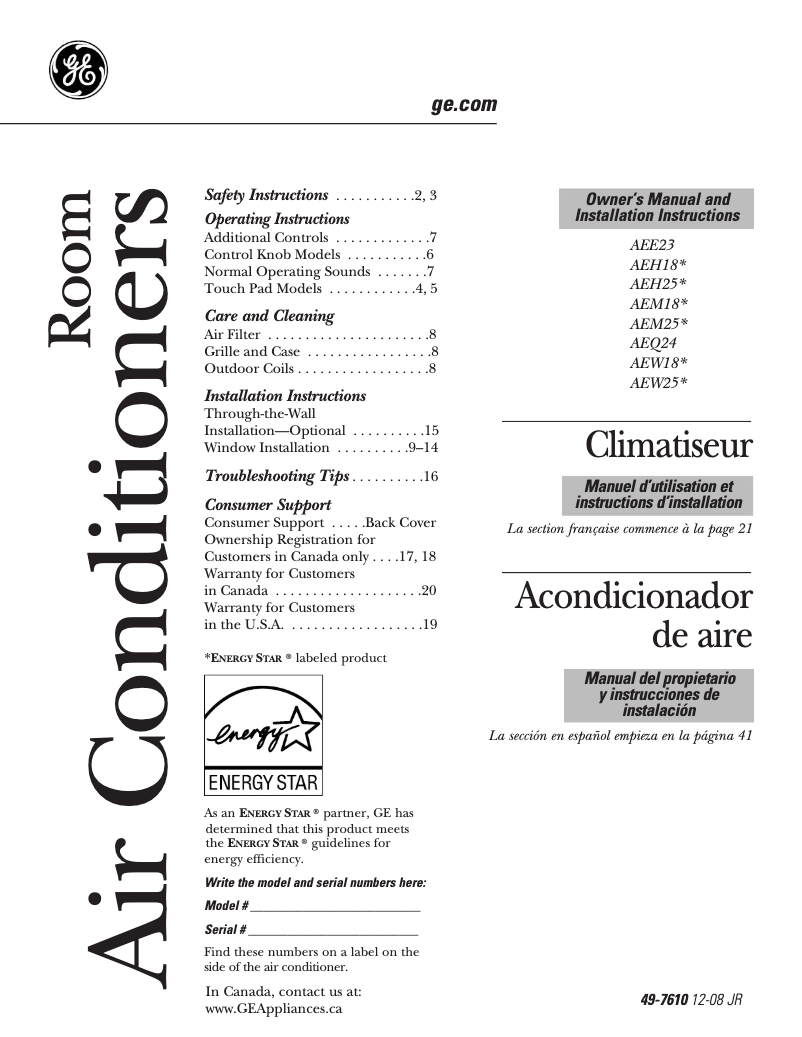 Página 1 del manual Guía de instalación GE AEW25DM