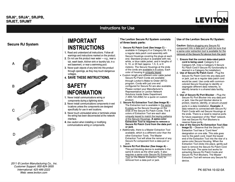 Page 1 de la notice Manuel utilisateur Leviton SRJPB-00R