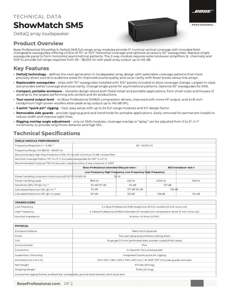 Page 1 de la notice Fiche technique Bose ShowMatch DeltaQ SM5