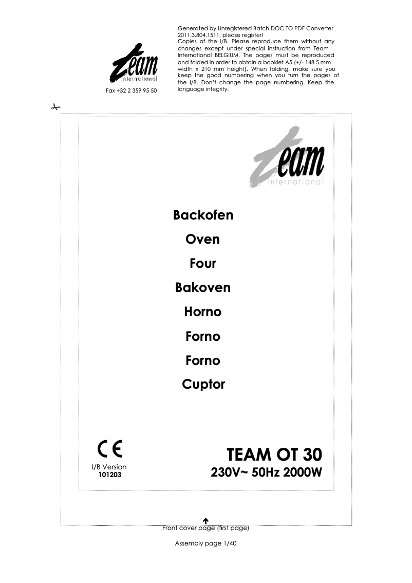 Page 1 de la notice Manuel utilisateur Team OT 30