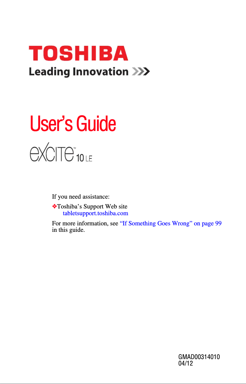 Page 1 de la notice Manuel utilisateur Toshiba Excite 10 LE