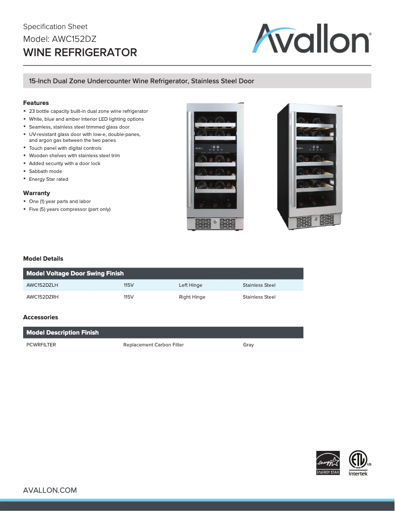 Page 1 de la notice Fiche technique Avallon AWC152DZRH