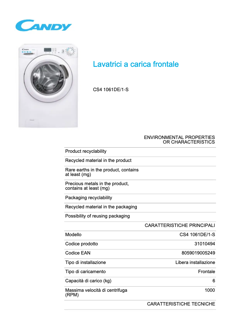 Page 1 of the manual Technical Sheet Candy CS4 1061DE/1-S