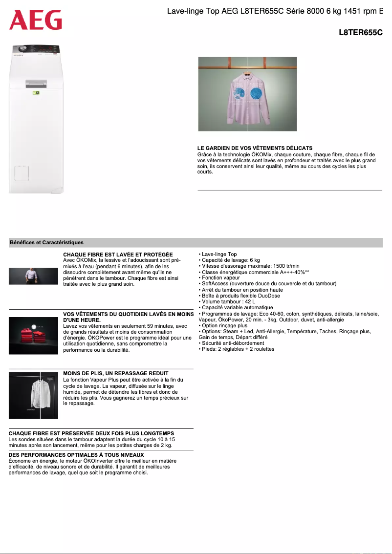 Página 1 del manual Ficha técnica AEG L8TER655C