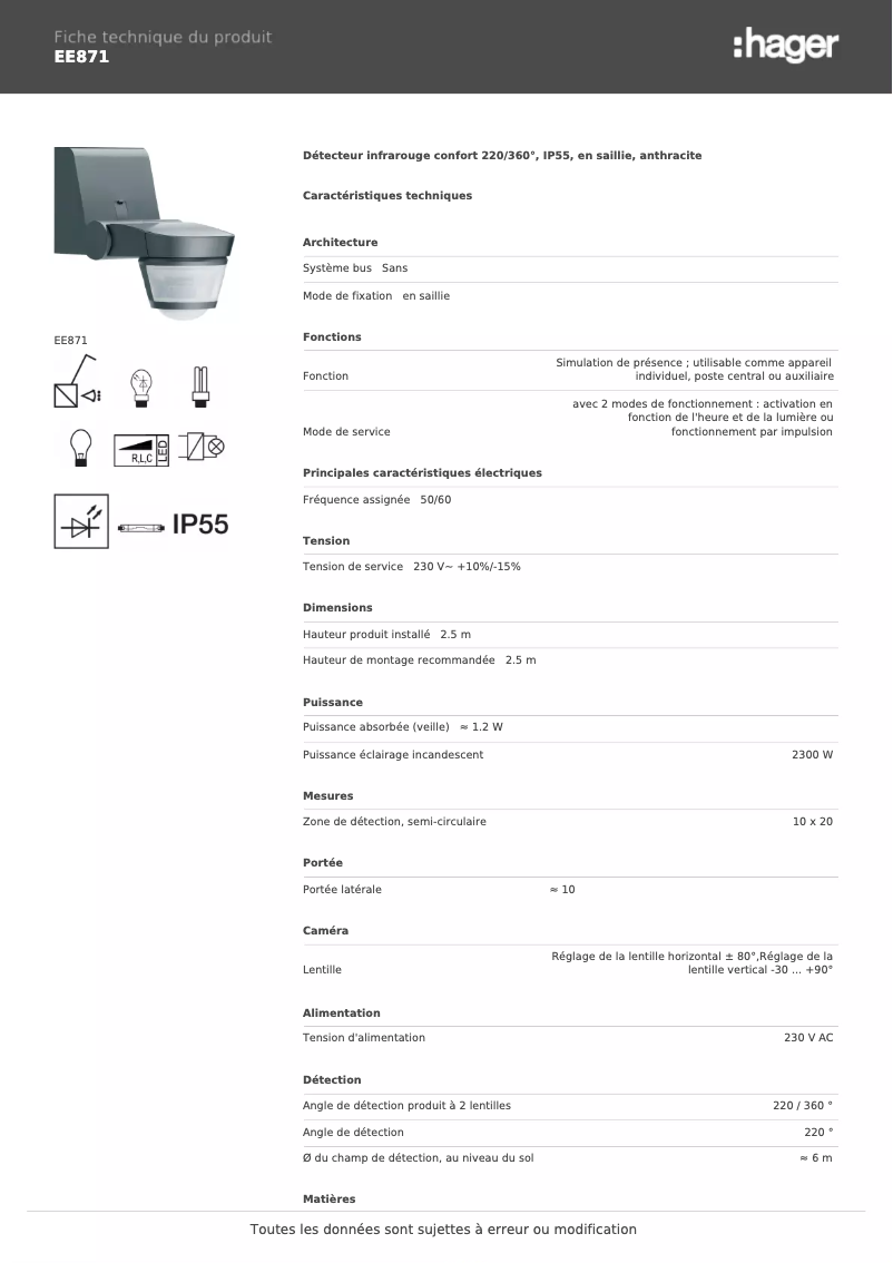 Page 1 de la notice Fiche technique Hager EE871