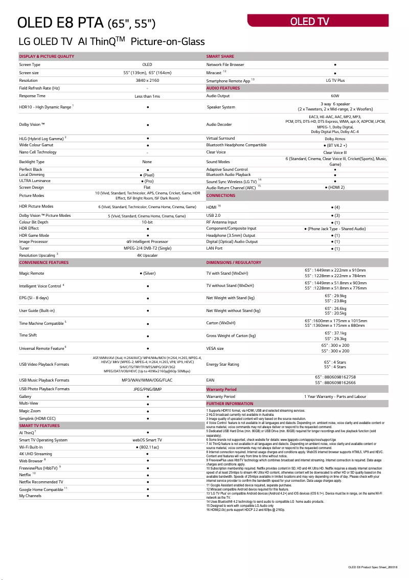 Page 1 de la notice Fiche technique LG OLED65E8PTA
