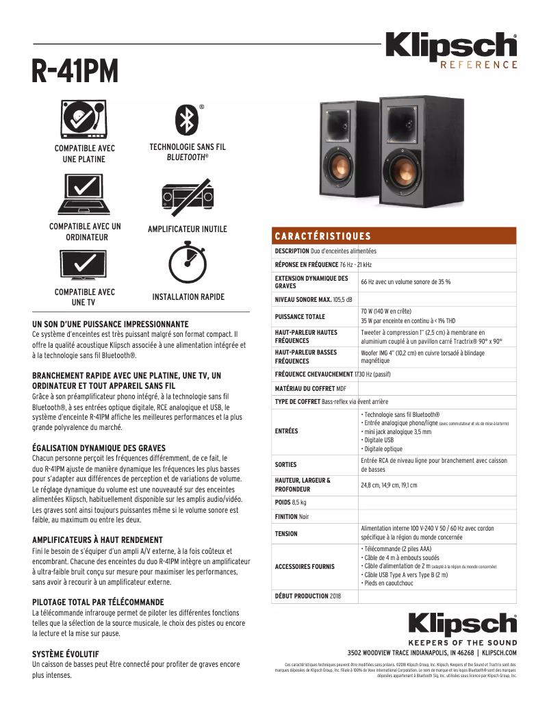 Page 1 de la notice Fiche technique Klipsch Reference R-41PM