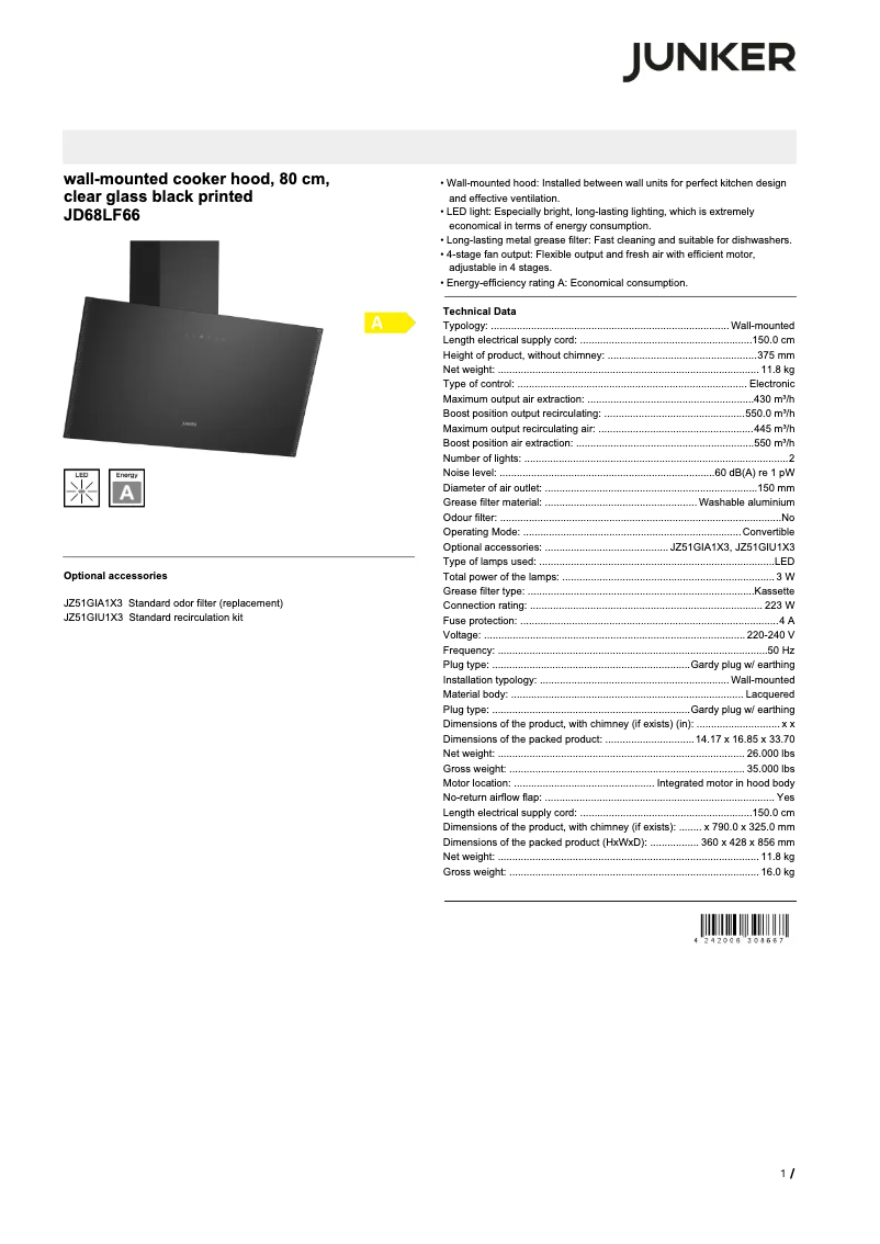 Page 1 de la notice Fiche technique Junker JD68LF66