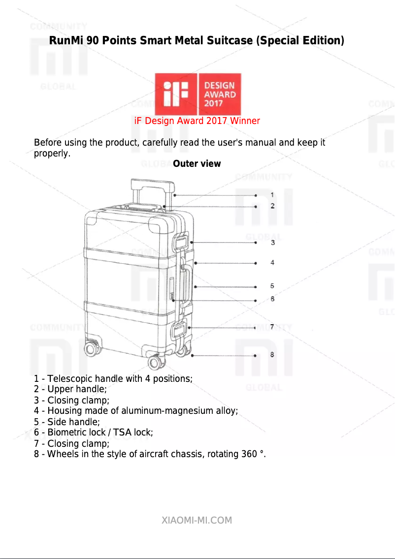 Page 1 de la notice Manuel utilisateur Xiaomi RunMi 90 Points Smart Metal Suitcase (Special Edition