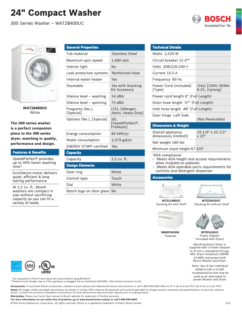 Page 1 de la notice Fiche technique Bosch WAT28400UC