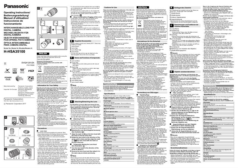 Page 1 de la notice Manuel utilisateur Panasonic G X Vario 35-100mm f/2.8 II ASPH OIS