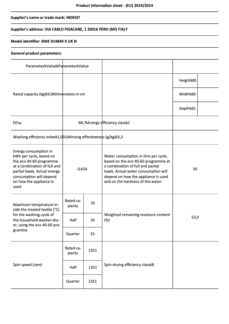 Página 1 del manual Ficha técnica Indesit BWE 91484X K UK N