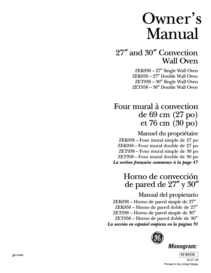 Página 1 del manual Manual de uso y mantenimiento GE ZEK958WFWW