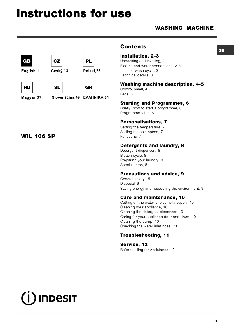 Page n°1 - Manuel utilisateur Indesit WIL 106 SP (EU)
