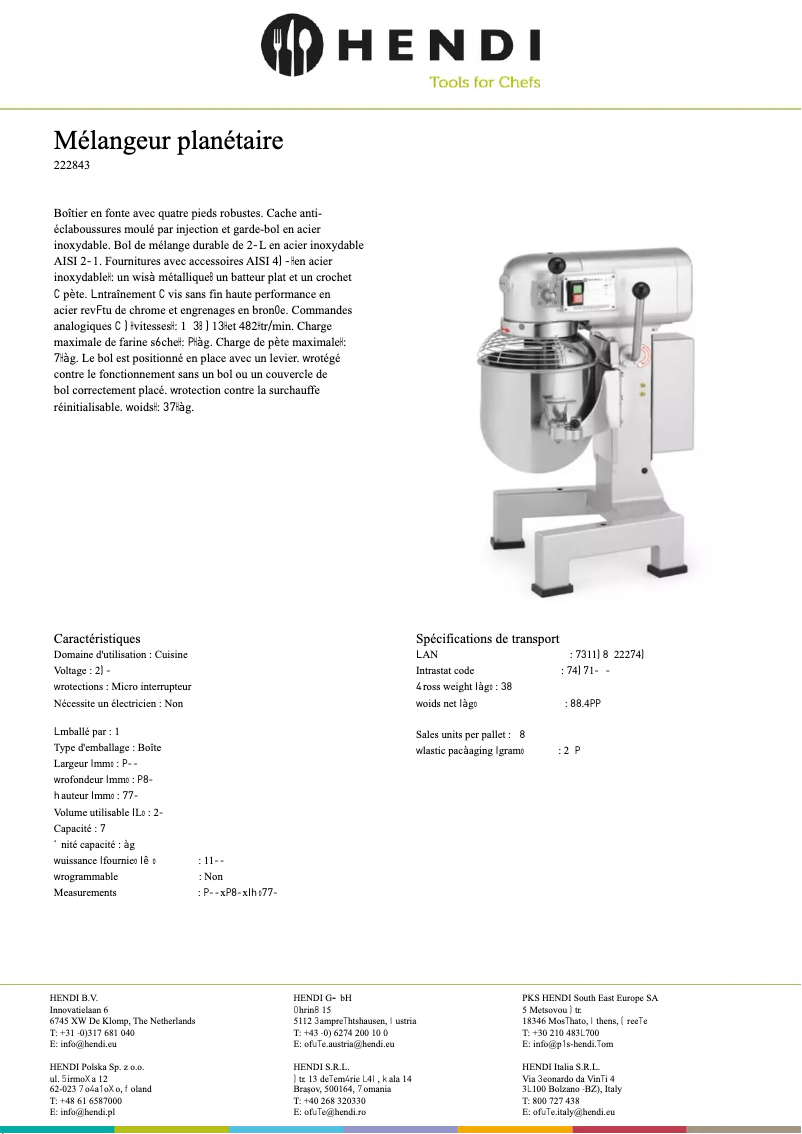 Page 1 de la notice Fiche technique Hendi 222843