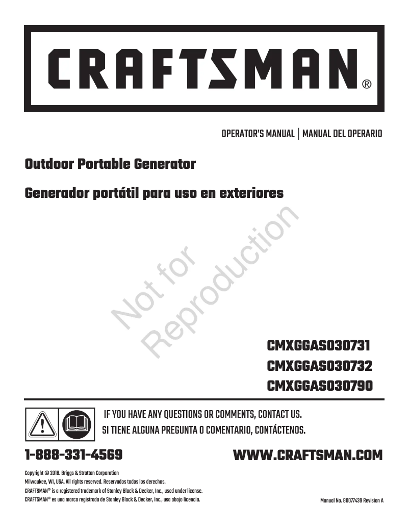 Page 1 de la notice Manuel utilisateur Craftsman CMXGGAS030790