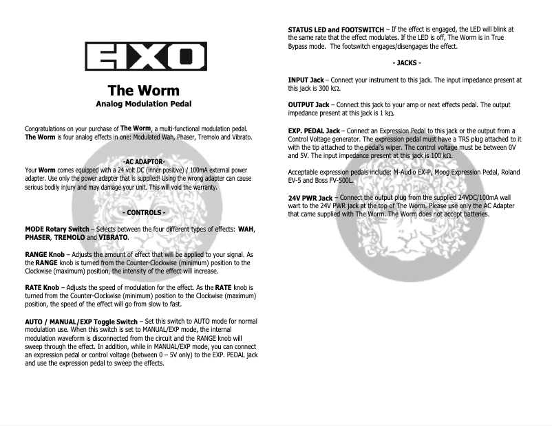 Page 1 de la notice Manuel utilisateur Electro Harmonix Worm Modulation Multi FX
