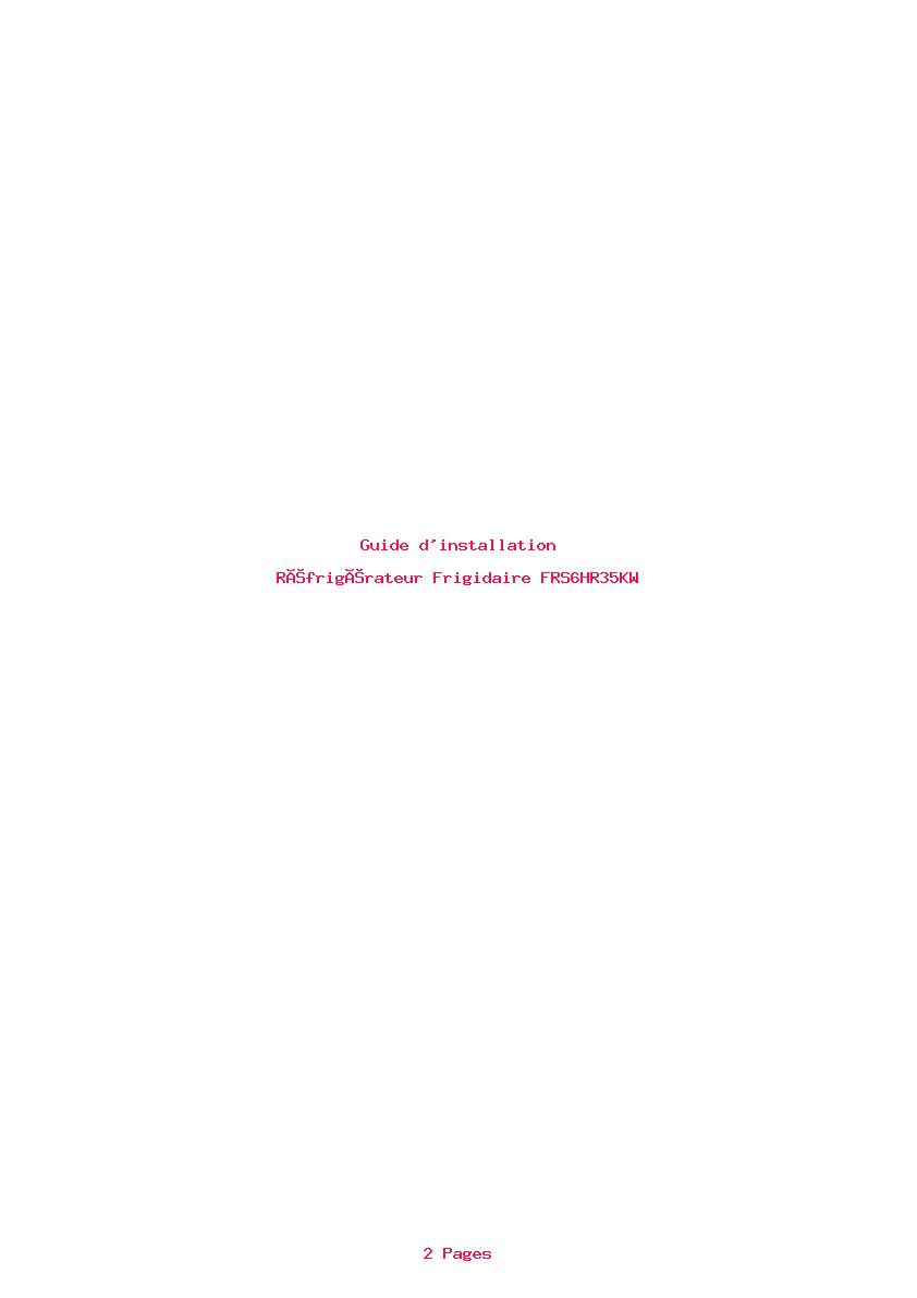Page 1 de la notice Guide d'installation Frigidaire FRS6HR35KW