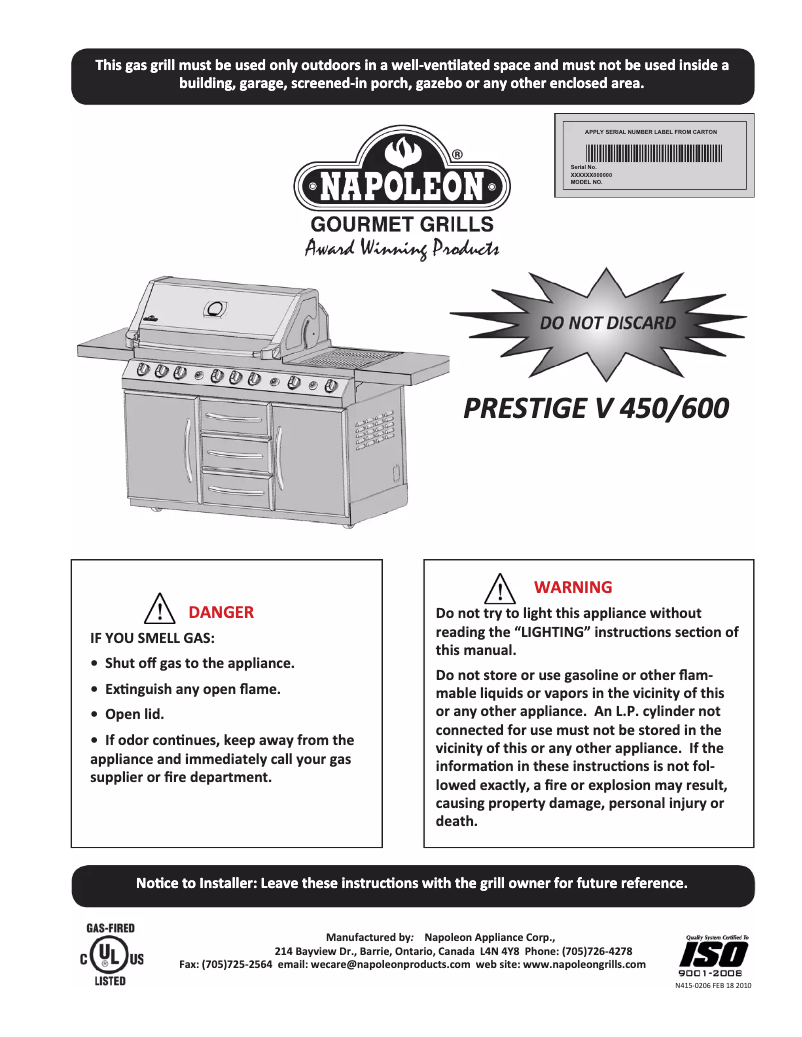Page 1 of the manual User Manual Napoleon Prestige FIVE 450