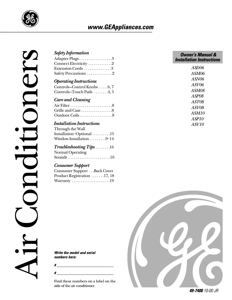 Página 1 del manual Guía de instalación GE ASV08FA