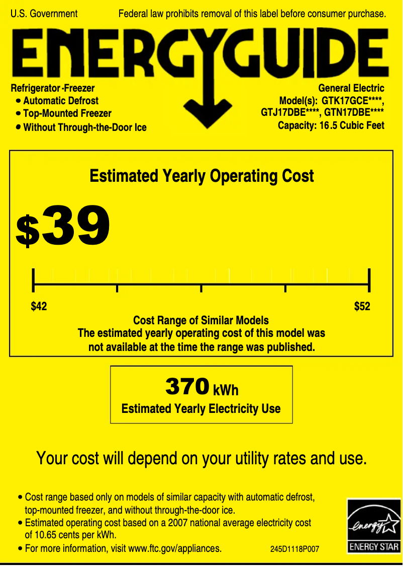 Página 1 del manual Etiqueta energética GE GTN17DBECC