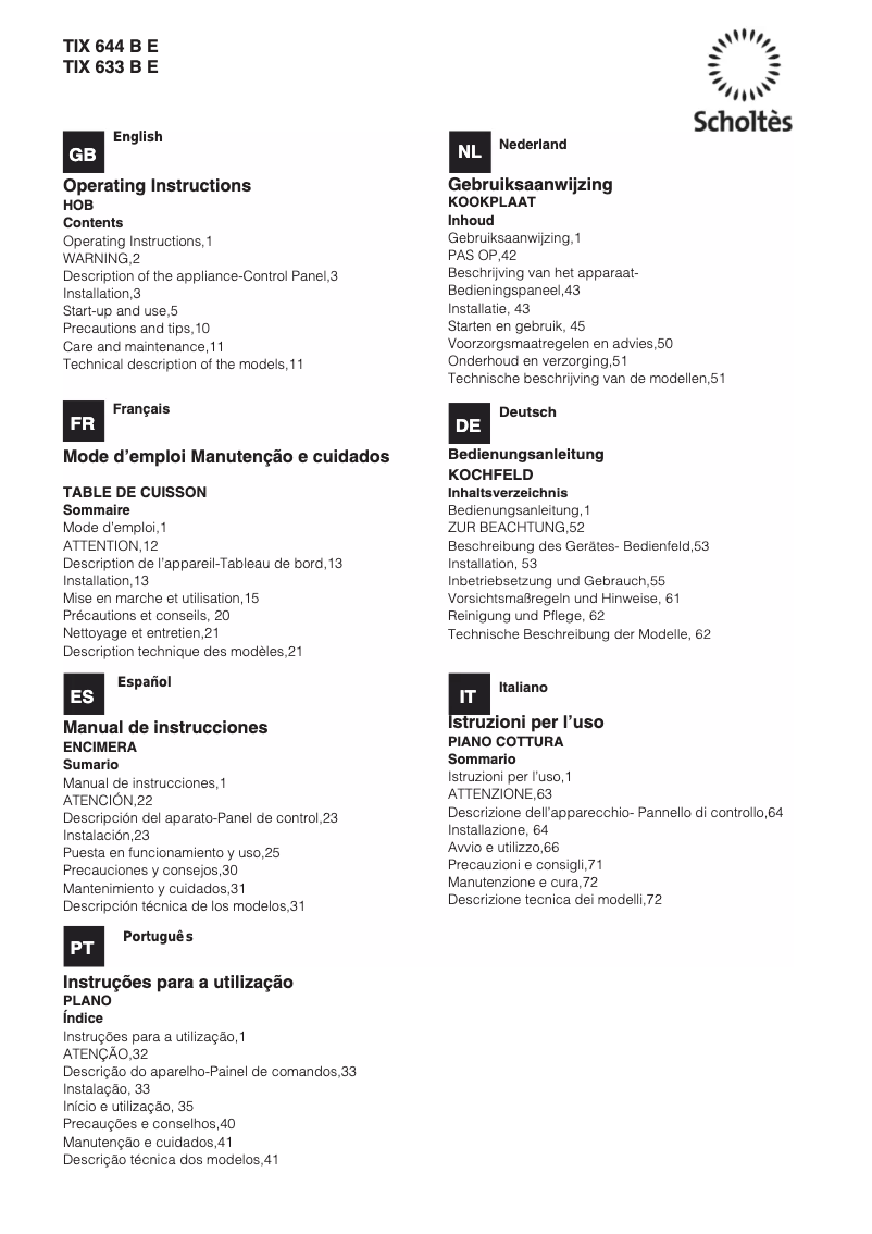 Page 1 de la notice Manuel utilisateur Scholtès TIX 644 B E