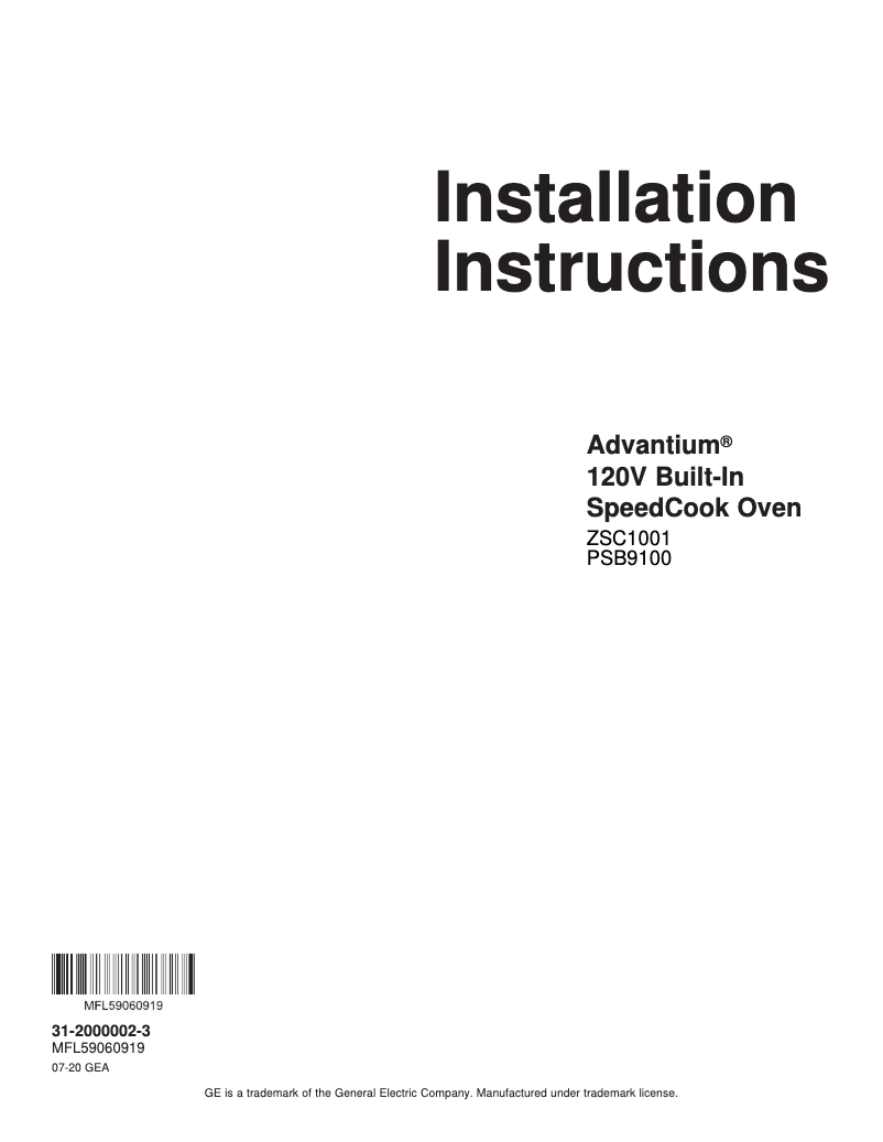 Page n°1 - Guide d'installation GE Profile PSB9100DFWW
