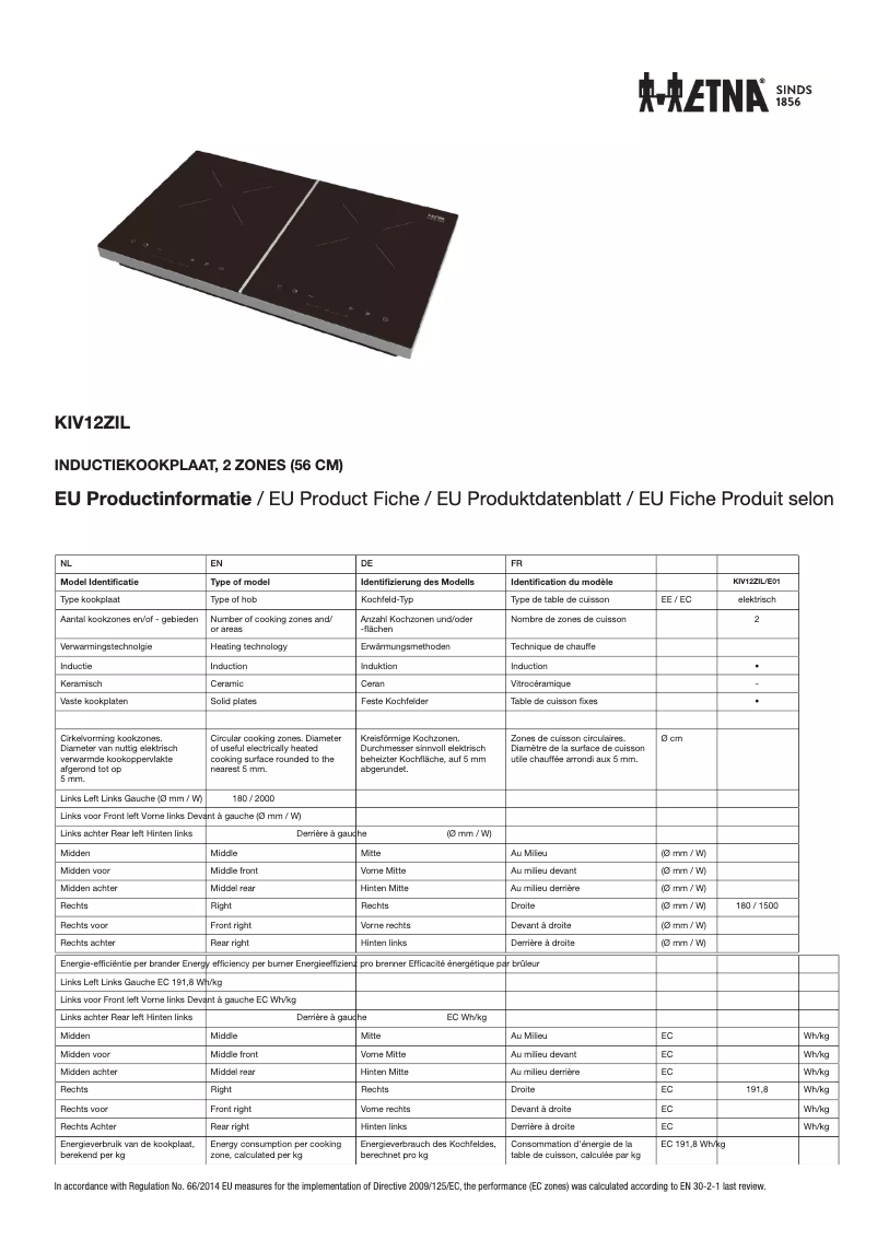 Page 1 de la notice Fiche technique Etna KIV12ZIL