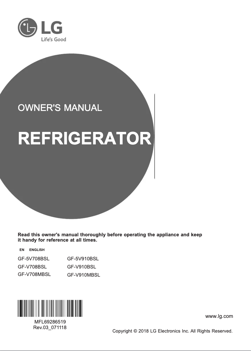 Page 1 de la notice Manuel utilisateur LG GF-V708MBSL