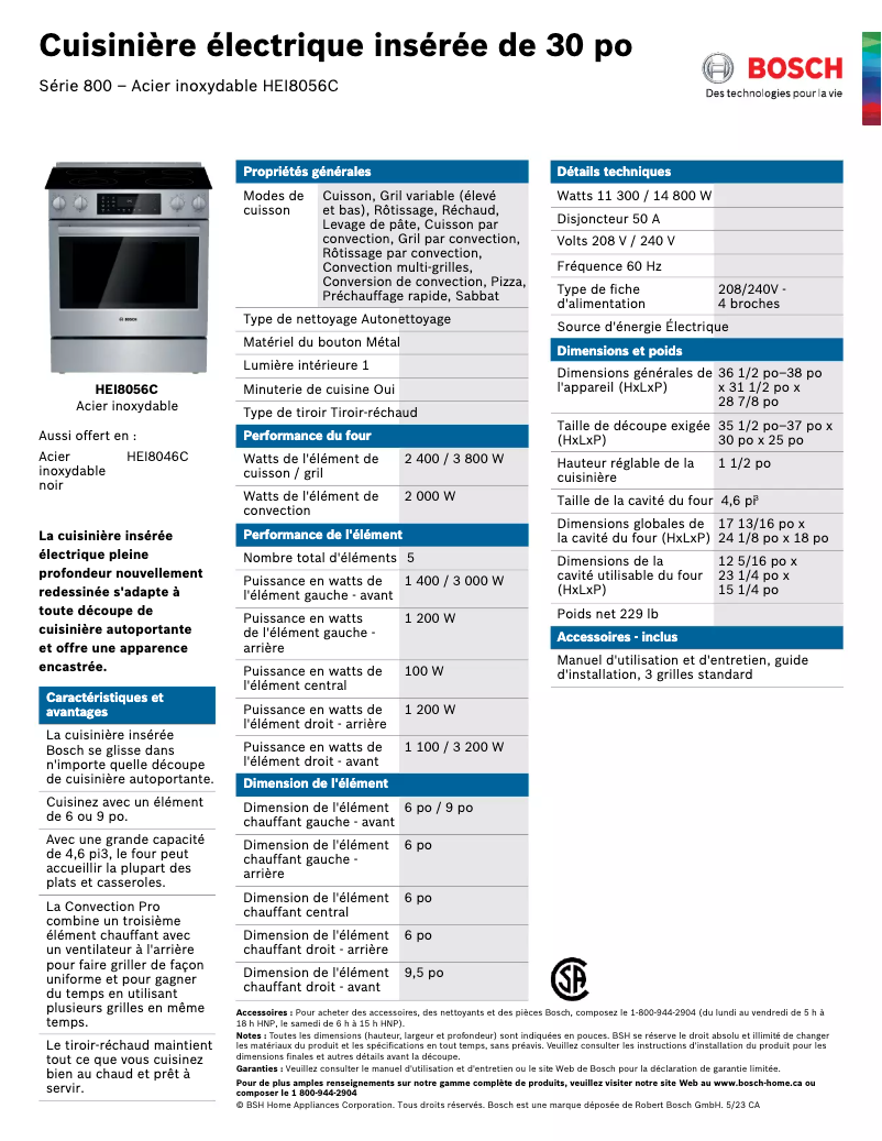 Page 1 of the manual Technical Sheet Bosch HEI8056C