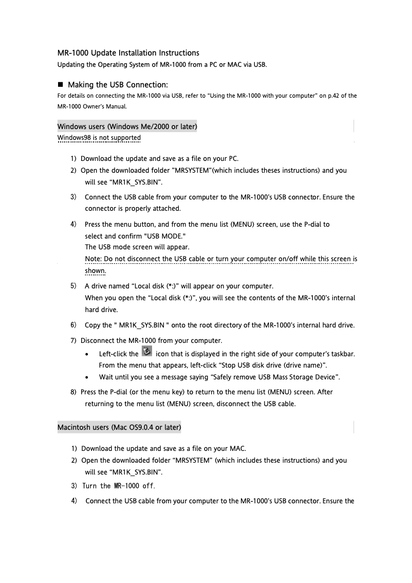 Page 1 de la notice Guide d'installation Korg MR-1000