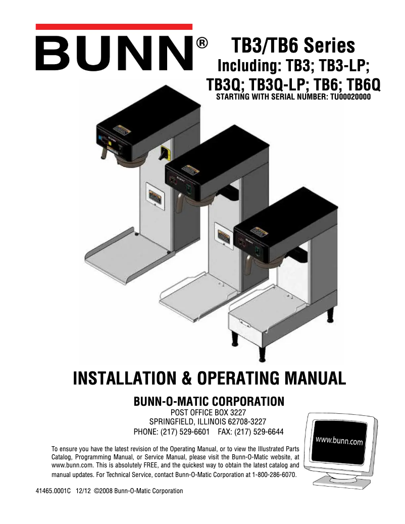 Page 1 de la notice Guide d'installation Bunn TB3