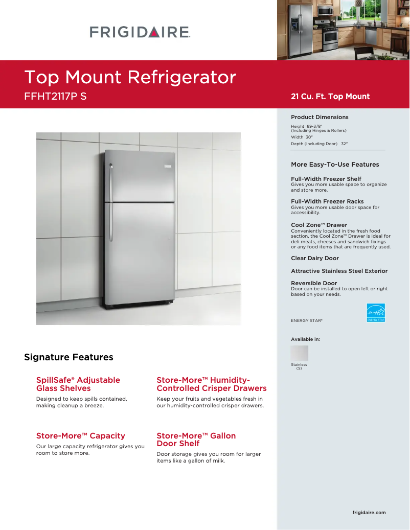Page 1 de la notice Fiche technique Frigidaire FFHT2117PS