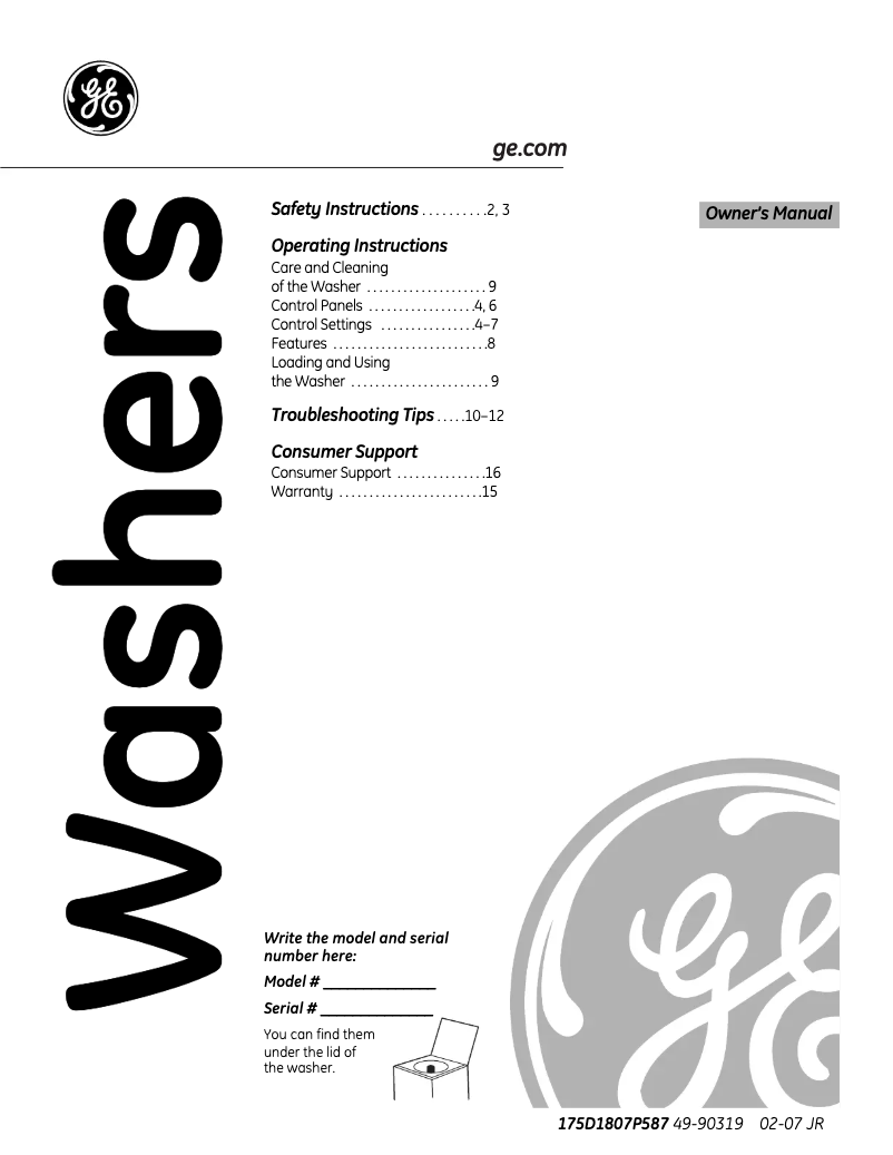 Page 1 of the manual Use and Maintenance Manual GE WHDSR209GWW