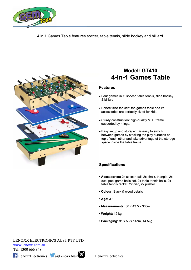 Página 1 del manual Ficha técnica Gem Toys GT410