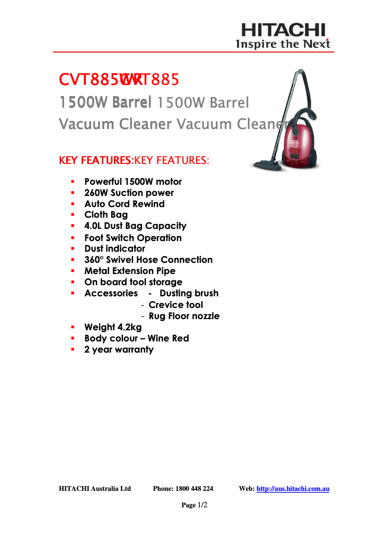 Página 1 del manual Ficha técnica Hitachi CV-T885