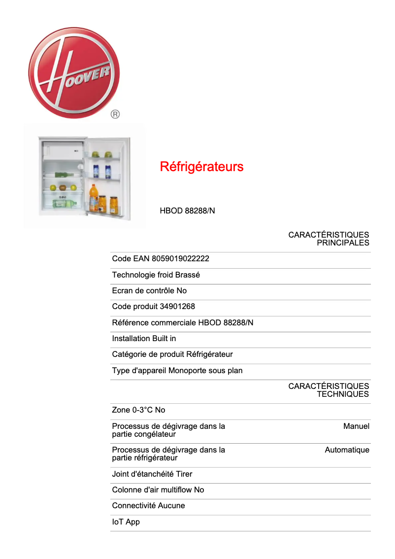Page 1 de la notice Fiche technique Hoover HBOD 88288