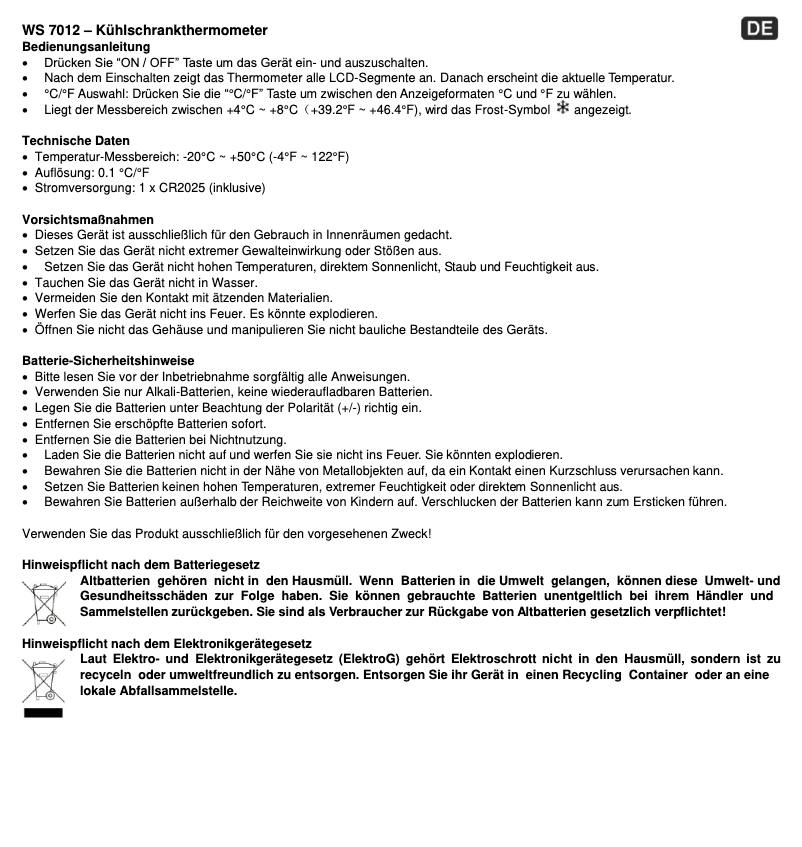 Page 1 de la notice Manuel utilisateur Techno Line WS 7012