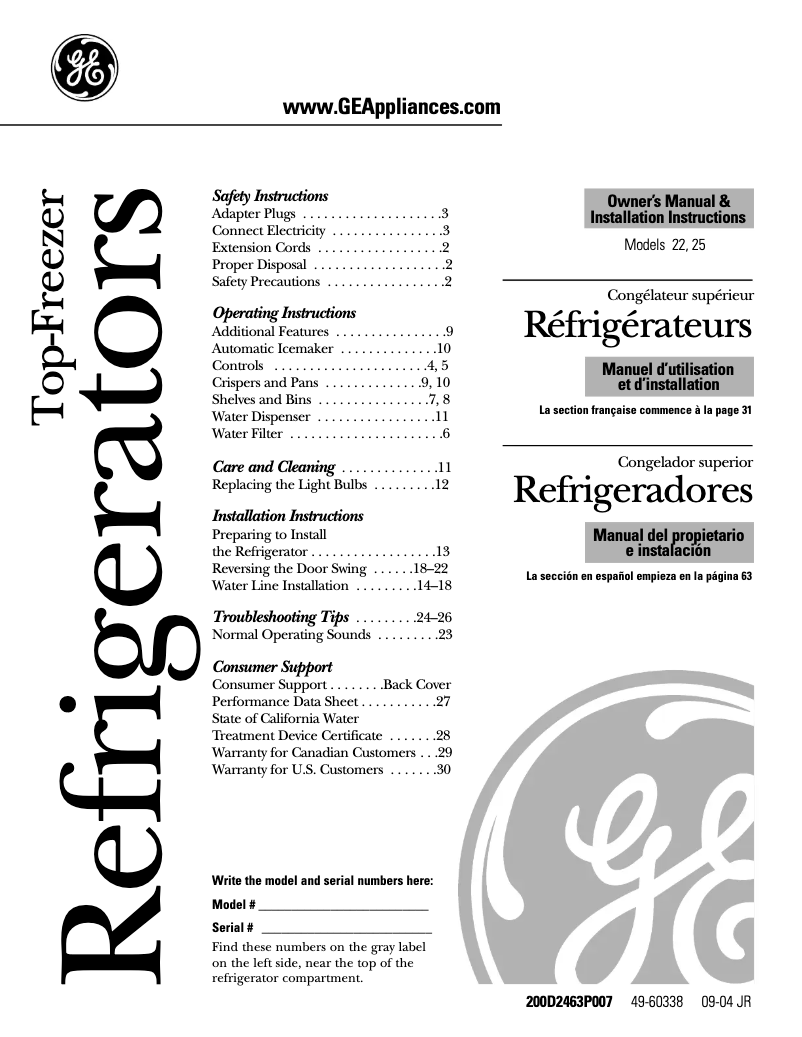Page 1 of the manual User Manual GE Profile PTS22LHPBB