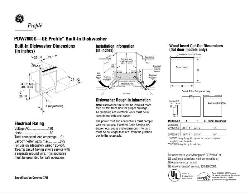 Page 1 de la notice Fiche technique GE Profile PDW7800GBB