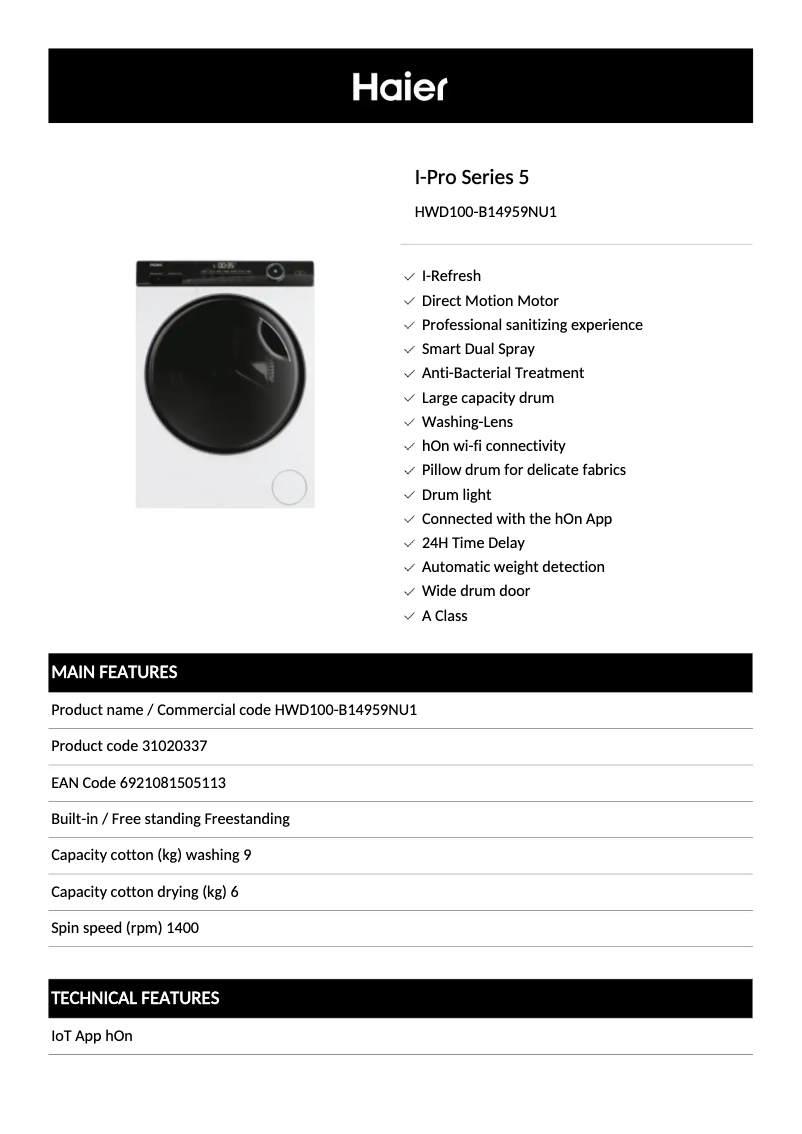 Página 1 del manual Ficha técnica Haier HWD100-B14959NU1