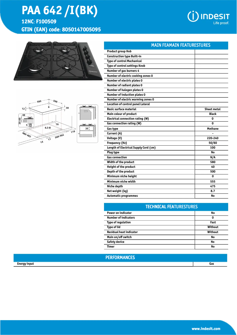 Page 1 de la notice Fiche technique Indesit 642 PAA /I(BK)