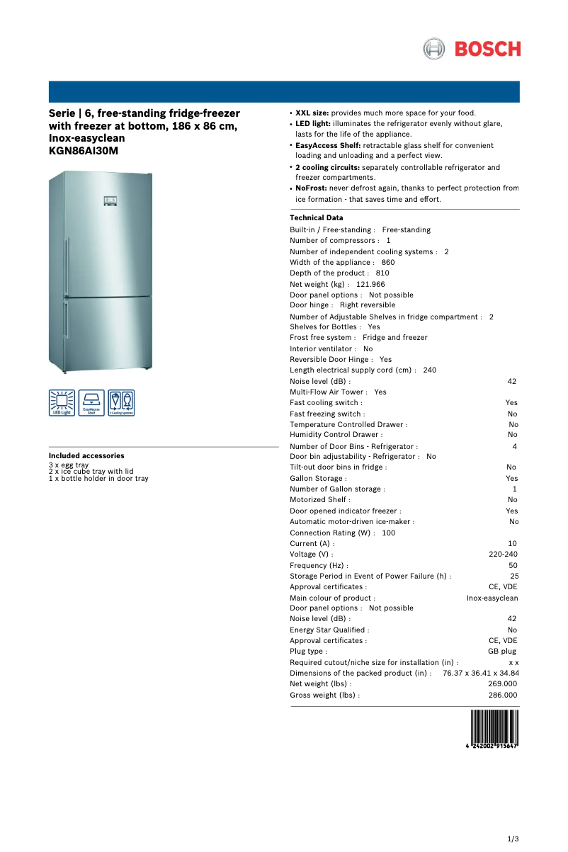 Page 1 de la notice Fiche technique Bosch KGN86AI30M