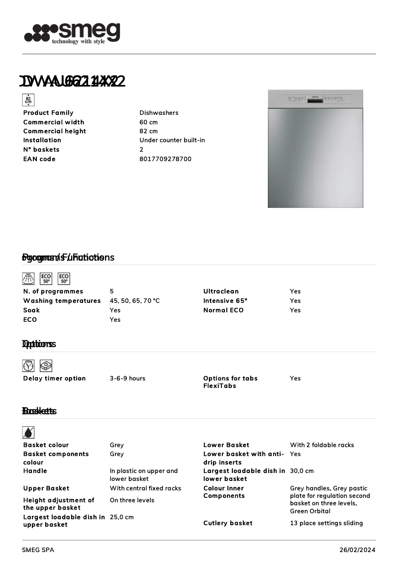 Page 1 of the manual Technical Sheet Smeg DWAU6214X2