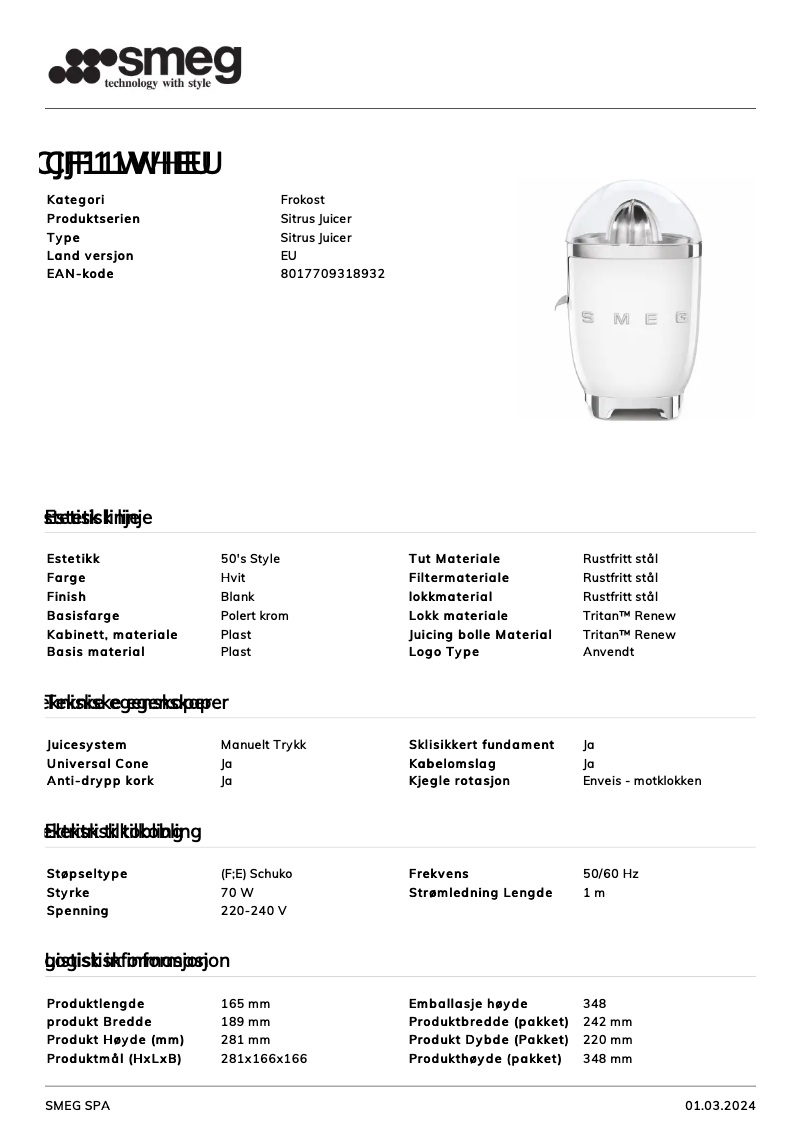 Página 1 del manual Ficha técnica Smeg CJF11