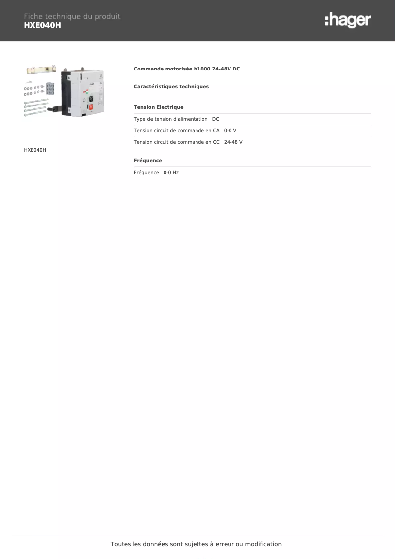 Página 1 del manual Ficha técnica Hager HXE040H