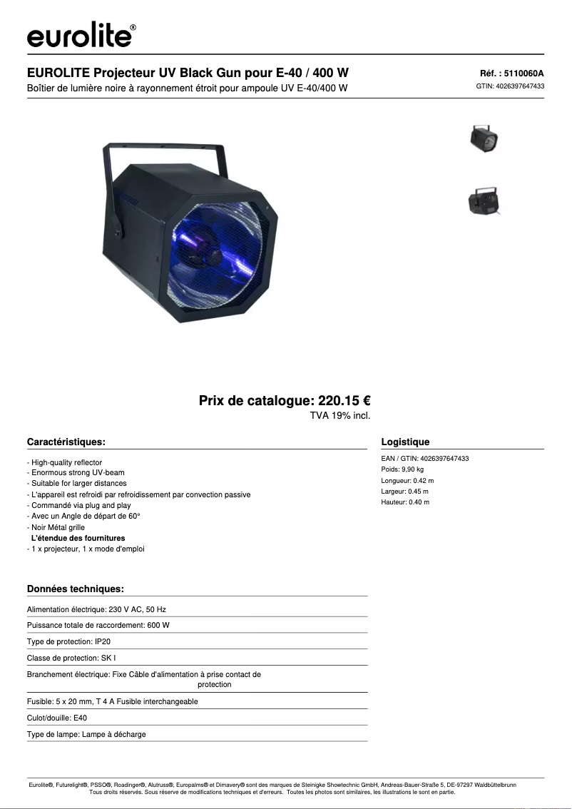 Page 1 of the manual Technical Sheet Eurolite Black Gun UV Spot