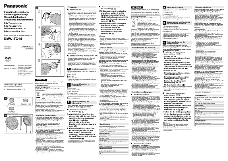 Page 1 de la notice Manuel utilisateur Panasonic DMW-TC14